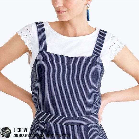 J.CREW CHAMBRAY CROSS-BACK OVERALL JUMPSUIT IN INDIGO RAILROAD STRIPE WIDE LEG - Picture 4 of 12
